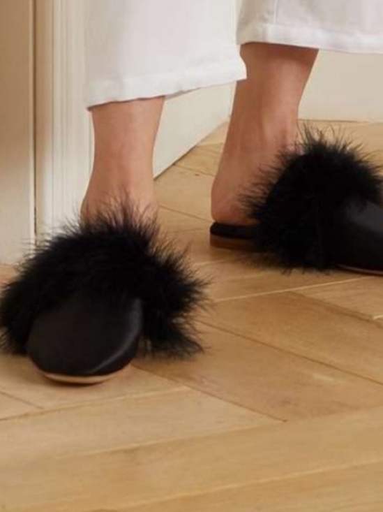 Sleeper Shoes - Sleeper Black Silk Satin Manon Feather Trim Slippers Size EU 40 US 10 UK 7.5